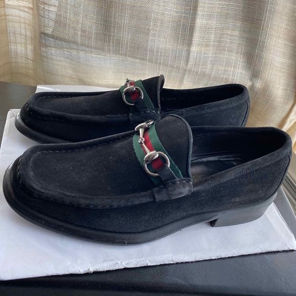 MEN\'S GUCCI BLACK SUEDE LEATHER LOAFERS/ moccasins 40.5-7.5 slip on slides derby